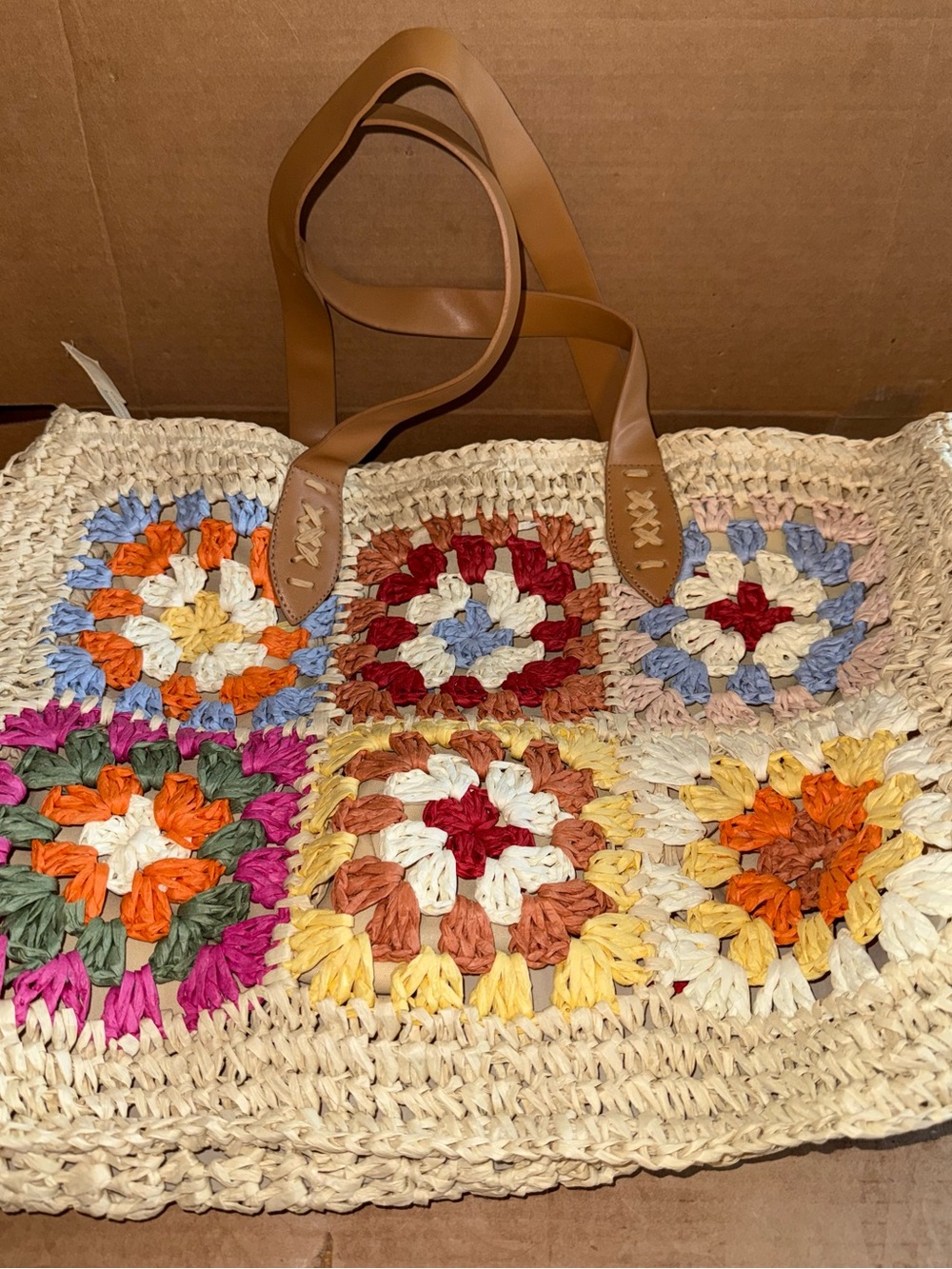 Woven Crochet Multi-Color Straw Tote Bag with Tan Handles A31D